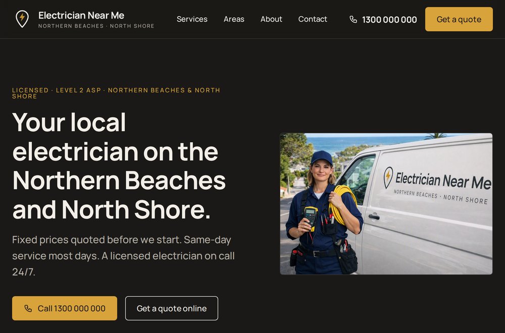 Electrician Near Me — demonstration electrician website by The Website Workhouse, Northern Beaches