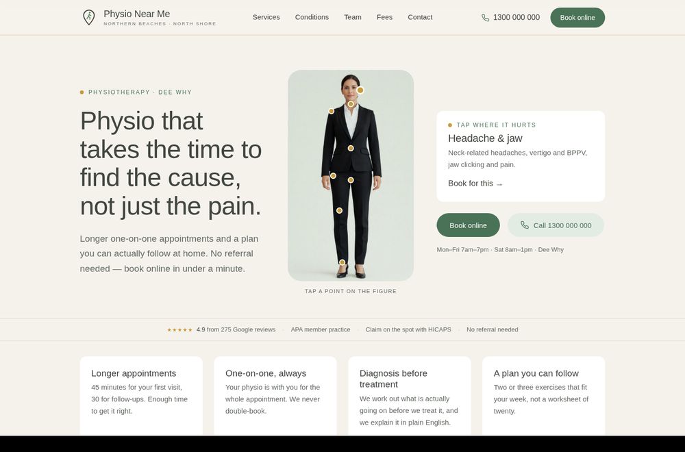 Physio Near Me — demonstration physiotherapy clinic website by The Website Workhouse, Northern Beaches